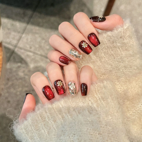 Handgefertigte Künstliche Fingernägel Vintage Rot Katzenauge Strass Blume Silber Glitzer Glänzend Wiederverwendbar