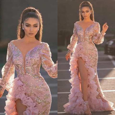 Pink Mesh Sequin Tulle Evening Gown Deep V Neck Long Sleeve High Slit Ruffle Hem Sexy Luxury Party Banquet Formal Dress