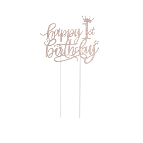 Διακόσμηση Τούρτας Happy Birthday Rose Gold Glitter Με Στέμμα Αστέρια Για Πάρτι Γενεθλίων Διακόσμηση
