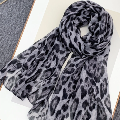 Fashion Women Leopard Print Voile Scarf Lightweight Sun Protection Long Shawl Wrap Retro Animal Pattern Printed