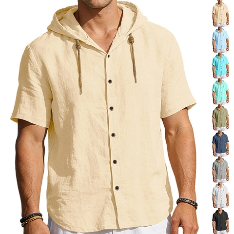 Chemise À Capuche Pour Hommes Lin Coton Manches Courtes Boutonnée Respirante Décontractée Été Plage Vacances Léger