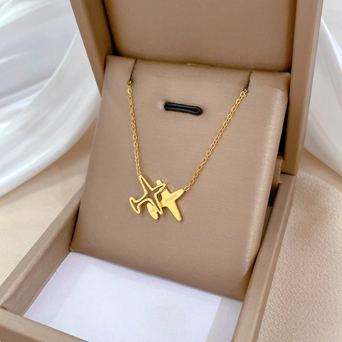 Minimalist Double Airplane Pendant Necklace Titanium Steel Real Gold Plated Clavicle Chain Chic Jewelry For Women
