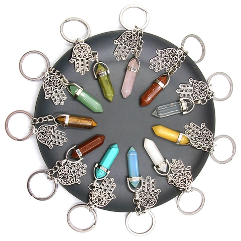 Vintage Hand Der Fatima Kristall Sechseckiges Prisma Schlüsselanhänger Naturstein Taschenanhänger Hohllegierung Amulett Schlüsselring Schmuck