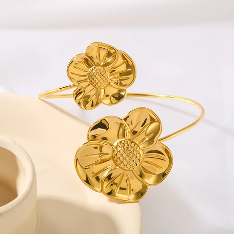 Sonnenblume Blume Edelstahl Armreif Für Frauen 18K Vergoldet Offen Verstellbar Wasserdicht Modeschmuck
