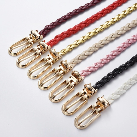 Ceinture Mince en Cuir PU Tressé Vintage pour Femmes Avec Boucle en Métal Doré pour Robe Pull Sangle de Taille Décorative Accessoires