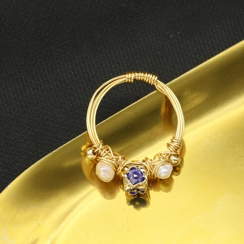 Anillo de Alambre Envuelto a Mano para Mujer Plata de Ley 925 Perla de Agua Dulce Esmalte Flor Bañado en Oro 18K Joyas Vintage
