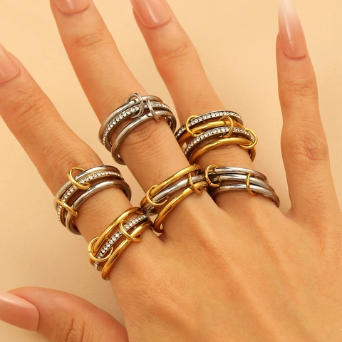 Interlocking Stackable Rings Multi Layer Stainless Steel Mixed Metal Zirconia Geometric Minimalist Jewelry For Women