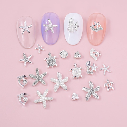 Charms Per Nail Art Tema Mare Stella Marina Conchiglia Tartaruga Delfino Lega Strass Perla Artificial Decorazioni Manicure Decor