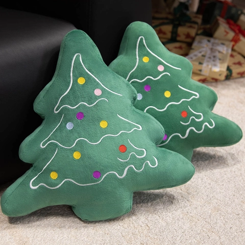 Christmas Tree Shaped Pillow Plush Soft Forest Green Embroidered Decorative Cushion Holiday Home Decor Gift