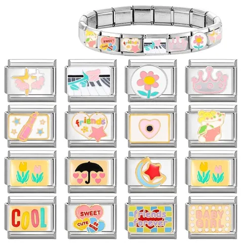 Maglie Per Bracciale Charm Italiano Acciaio Inossidabile Smalto DIY Componenti Per Gioielli Modulari Motivo Cuore Fiore