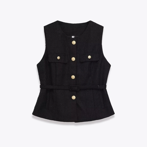 Women Tweed Vest Sleeveless Waistcoat Round Neck Gold Button Up With Belt Vintage Fashion Casual Solid Color Tops