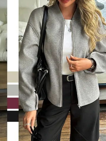 Women Loose Bomber Jacket Wool Blend Zipper Up Stand Collar Casual Outerwear Coat