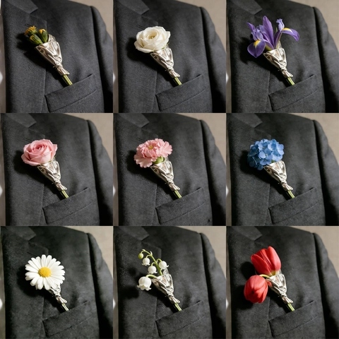Creative Flower Bouquet Holder Brooch Pin Zinc Alloy Vase Hand Gesture Design Artistic DIY Suit Lapel Jewelry Accessory
