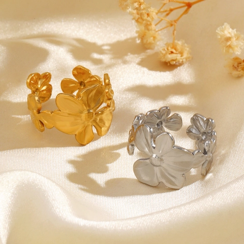 Anillo Flor Acero Inoxidable Floral Ajustable Abierto Anillo Dedo Joyería Elegante Chic Para Mujer Oro Plata Chapado Al Vacío