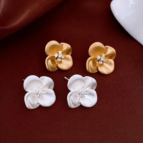 Matte Flower Stud Earrings Copper With Zircon And 925 Sterling Silver Earring Post Elegant Trendy For Women