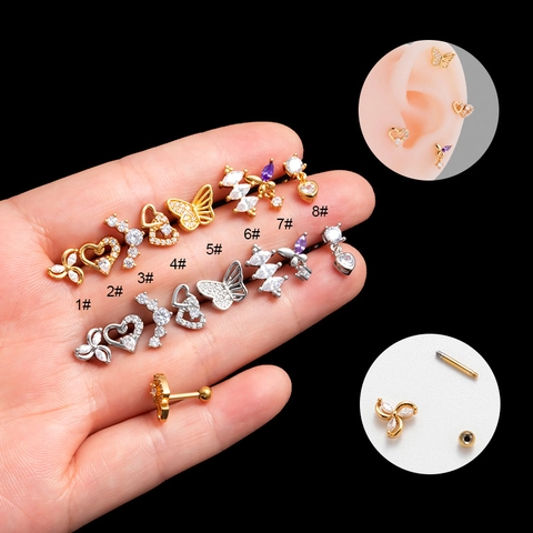 Orecchini Piercing Cuore Acciaio Inossidabile Zircone Chiusura Vite Moda Elice Gioielli Per Donne
