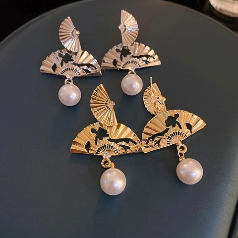 Pendientes Colgantes Con Forma De Abanico Y Poste De Plata Aleación Calado Strass Perla Artificial De Imitación Estilo Chino Retro