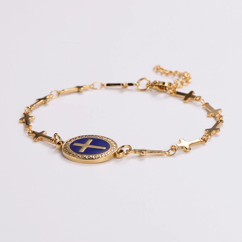 Pulsera De Cruz Acero Inoxidable 316L Baño De Oro 18K Esmalte Azul Joyería Religiosa Cadena Ajustable