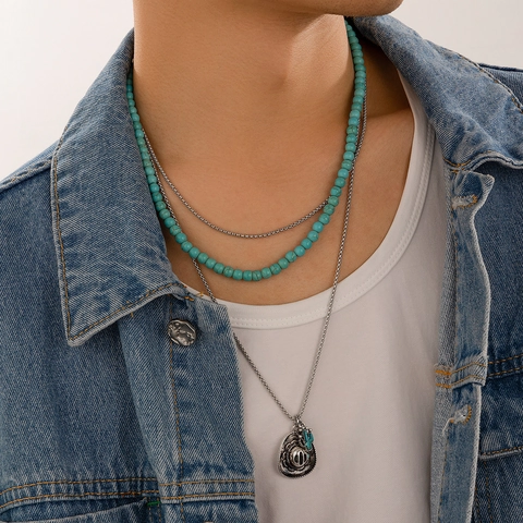 Men Retro Western Cowboy Layered Necklace Alloy Turquoise Beaded Chain With Hat Pendant Hip Hop Jewelry