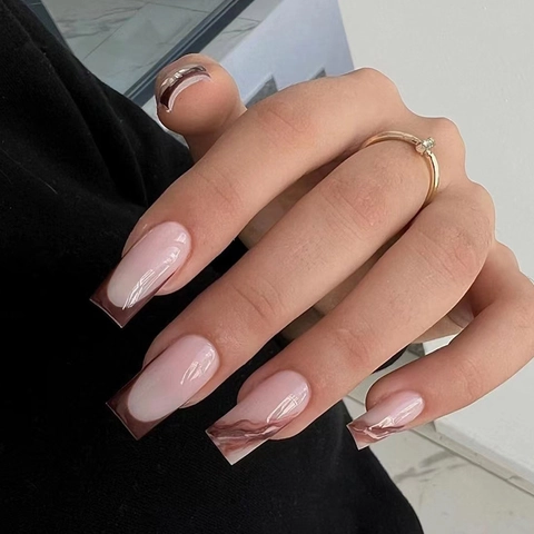 Lange Coffin Kunstnagels Bruin French Tips Marmer Inkt Smudge Nude Roze Lijm Stijl Kunstnagels Voor Vrouwen