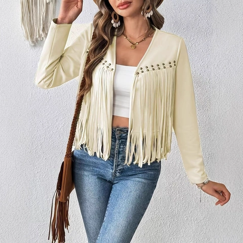 Bohemian Fringe Faux Suede Jacket Women Western Studded Tassel Outerwear Open Front Long Sleeve Coat