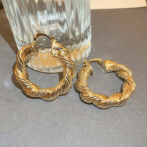 Orecchini a Cerchio Dorati Intrecciati Vintage da Donna in Rame Galvanizzato Moda Esagerati Spessi Tondi Gioielli