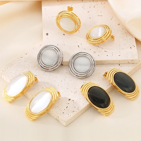 Vintage French Style Oval Stud Earrings Stainless Steel Cat's Eye Stone Metal Texture Wavy Design Fashion Jewelry Women