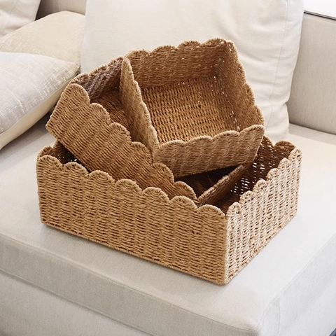 Handmade Paper Rope Woven Storage Basket With Scalloped Edge For Home Desktop Sundries Toys Organization Nordic Natural