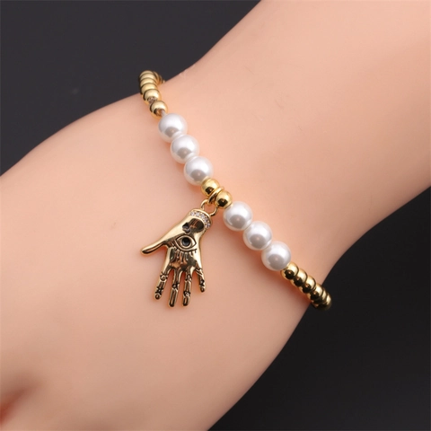 Pulsera Mano De Fátima Ojo Turco Cuentas De Cobre Chapadas En Oro Imitación Perla Artificial Blanca Joyería Bohemia Para Mujer