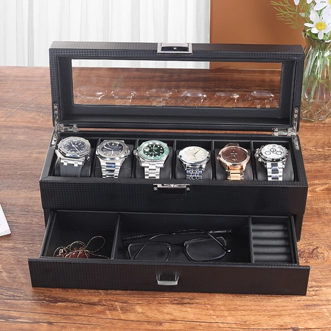Mehrlagige Uhrenbox Schmuck Organizer Karbonfaser PU Leder Etui Mit Glasfenster Für Uhren Brillen Ringe