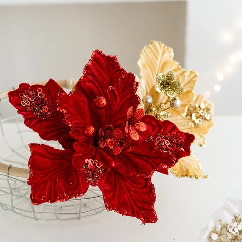 Fiori di Poinsettia in Velluto Artificiale Glitterato Con Gambo Decorazioni per Alberi di Natale Ornamenti Floreali per Casa Festa