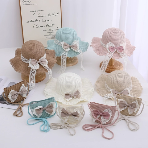 Chapeau De Paille Pour Petites Filles Bord Festonné Dentelle Nœud Tissé Plage Été Accessoire De Voyage