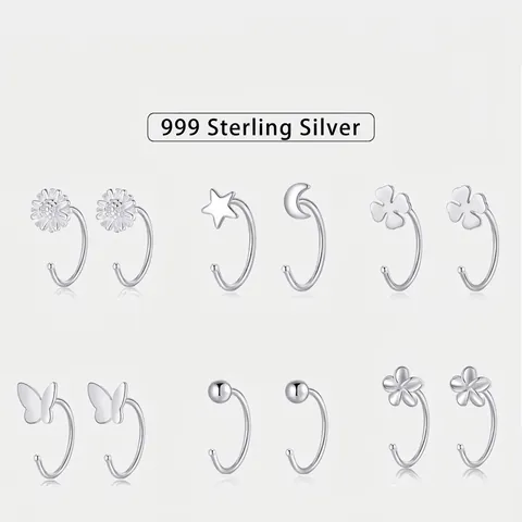 S999 Fine Silver Earring Studs Hypoallergenic Minimalist Butterfly Star Moon Heart Daisy Flower Women Jewelry