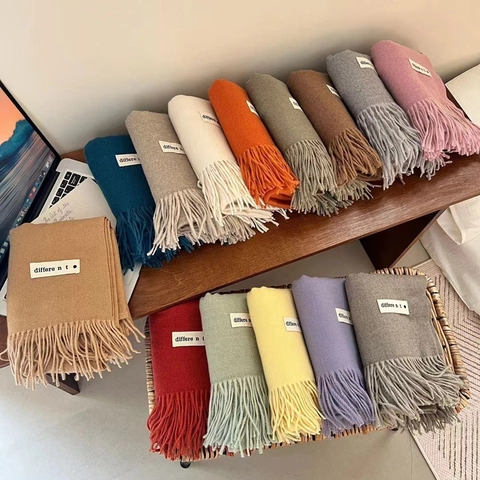 Women's Cashmere-like Viscose Cotton Blend Winter Warm Scarf Thick Tassel Shawl Wrap Solid Color Fashion Scarf For Ladies