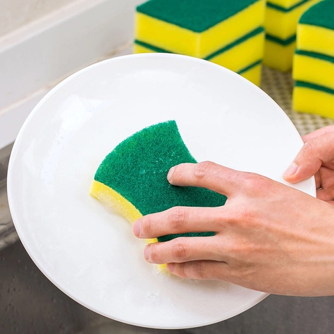 Kitchen Dishwashing Sponge Double Sided Scouring Pad Heavy Duty Cleaning Scrubbing Tool For Pot Pan Bowl Yellow And Green