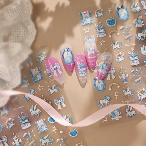 Nagelkunst Stickers 3D Reliëf Zelfklevend Dromerig Eenhoorn Regenboog Blauw Wit Strikken Kunstparels Decor Koreaanse Stijl Kawaii