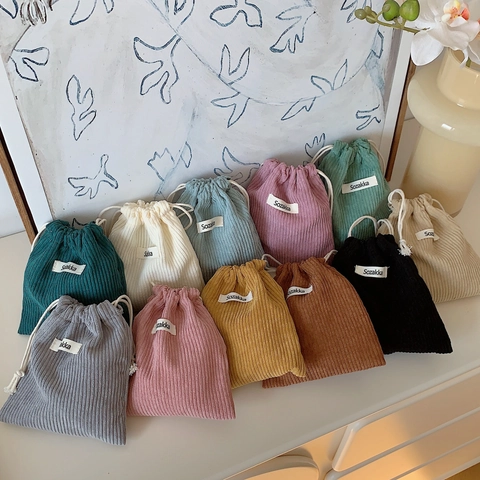 Corduroy Drawstring Storage Bag Makeup Cosmetic Pouch Portable Large Capacity Solid Color Travel Organizer For Women
