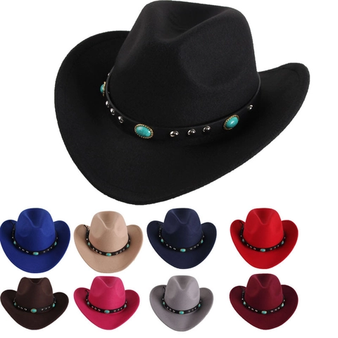 Vintage Western Cowboyhut Für Damen Wollfilz Fedora Mit Türkis Ledergürtel Nieten Herbst Winter Warmer Jazzhut
