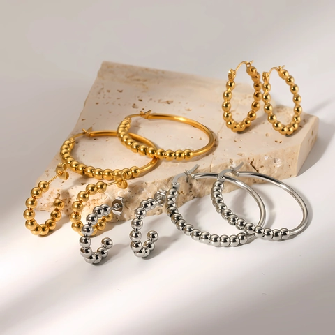Women Titanium Steel Hoop Earrings 18K Gold Plated Beaded C Shape Geometric Stainless Steel Hypoallergenic Ins Style