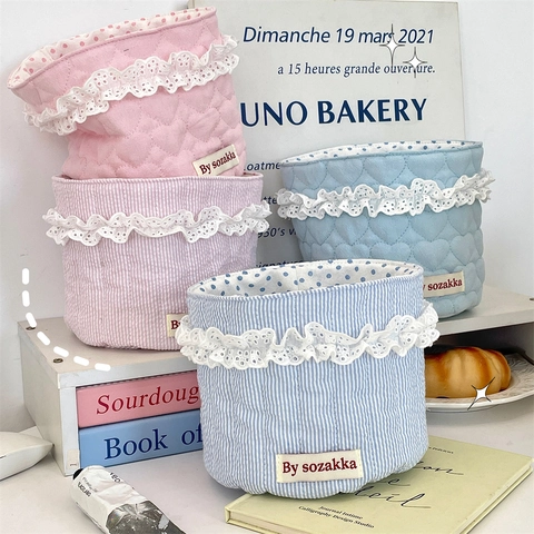 Panier De Rangement En Tissu Coeur Matelassé À Rayures Bordure En Dentelle Organisateur De Bureau Style Coréen