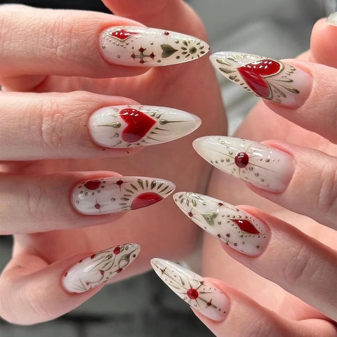 Press On Nails Lang Almond Stiletto Rotes Herz Goldener Sternenregen Gothic Retro Tarot Künstliche Fingernägel