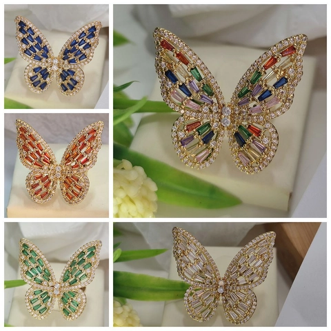 Lussuoso Anello Aperto a Farfalla in Rame per Donna Elegante Anello Regolabile Intarsiato con Zirconia Gioielli da Festa