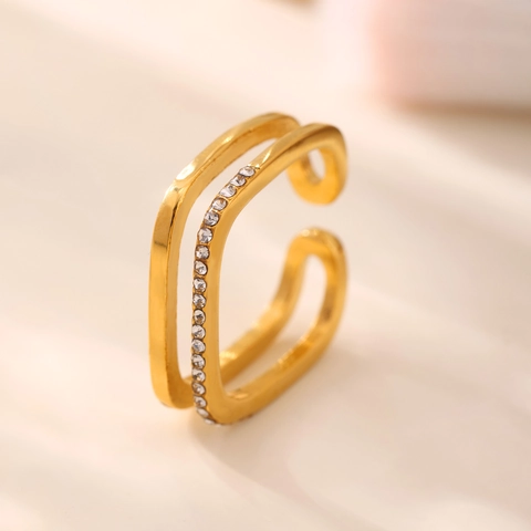 Minimalist Square Zircon Shell Artificial Pearl Open Rings Layered Stainless Steel Gold Plated Adjustable Fashion Jewelry Women