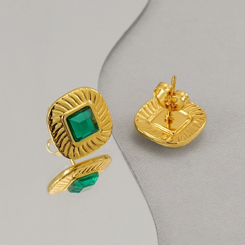 Vintage Square Green Zircon Stud Earrings Stainless Steel 18K Gold Plated Textured Border Fashion Jewelry For Women