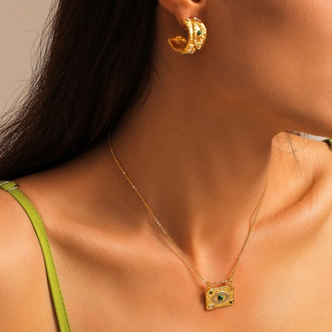 Collar Pendientes Anillo Pulsera Evil Eye Joyas Vintage Acero Titanio Martillado Con Turquesa Rhinestone Mujer