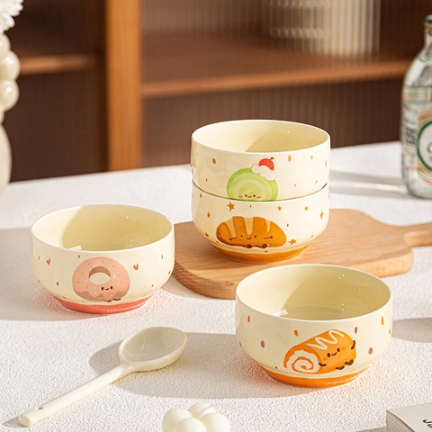 Cartoon Ceramic Bowls Underglaze Color Cute Dessert Pattern Microwave Oven Safe Heat Insulated Kitchen Tableware
