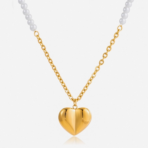 Elegante Collana Spliced di Künstliche Perle con Ciondolo a Cuore in Acciaio Inossidabile Placcato Oro 18K per Donna Gioielli Dolce Festa