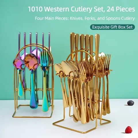Stainless Steel Flatware Including Knife Fork Spoon With Metal Storage Rack Mirror Polished Nordic Style Tableware