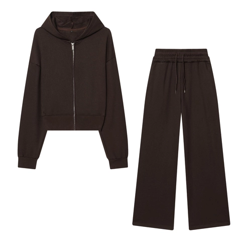 Completo Felpa Con Cappuccio E Pantaloni Donna Cotone Poliestere Maglia Zip Felpa Corta Gamba Larga Casual Tinta Unita