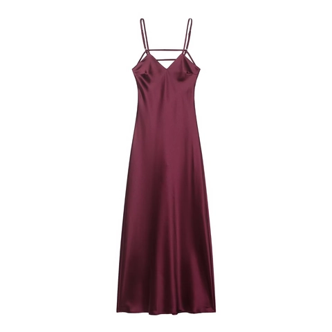 Elegant Women Solid Color Satin Slip Dress Backless V-Neck Crisscross Straps Sleeveless Polyester Maxi Dress For Summer Party